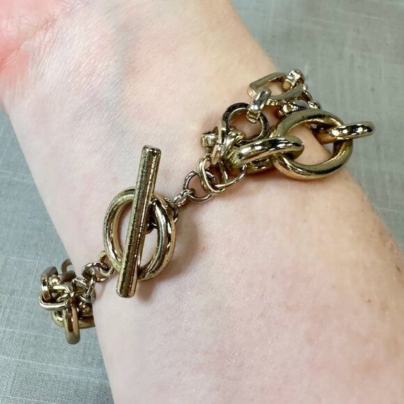 M and D Intials Multi-Chain Gold Tone Toggle Bracelet - Picture 2 of 10